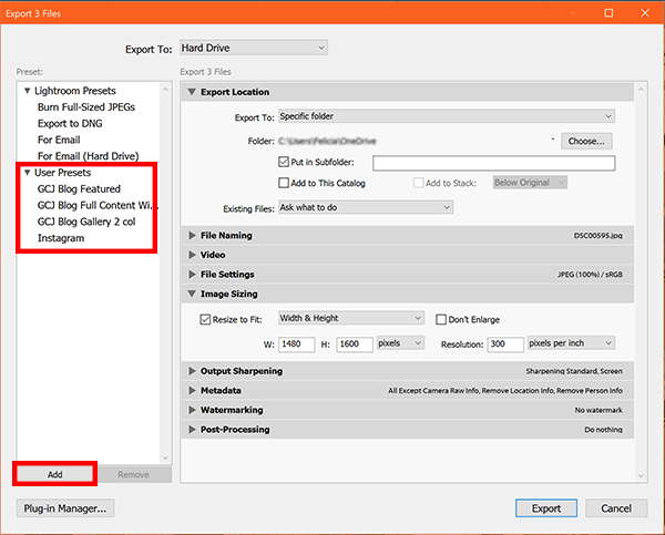 Lightroom Export Dialog Box Saved Presets