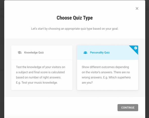 Select the personality quiz option