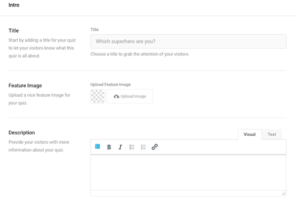 A screen that allows users to name and describe their quiz