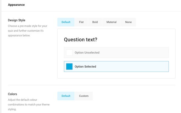 A screen that gives you the option of changing the design and style of your quiz
