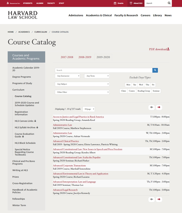 Harvard Law School Curriculum Page