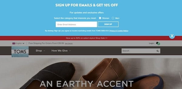 An example of TOMS offering a deal in exchange for a newsletter sign up