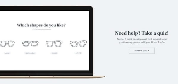 An example of Warby Parker using a quiz to drive sales