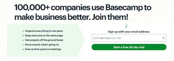 An example of Base Camp using social proof in their sign up form