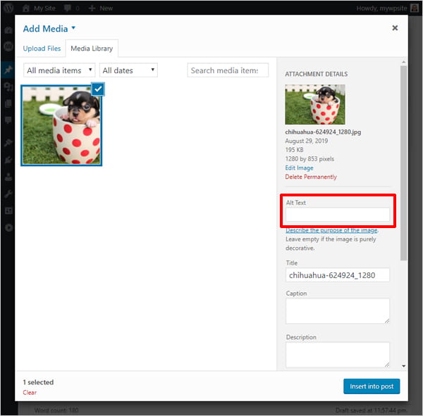 Screenshot of WordPress Add Media screen highlighting Alt Text input field.