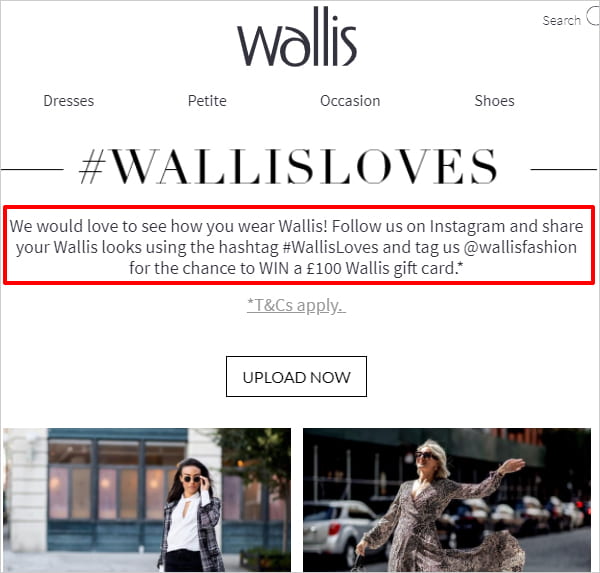 Wallis website with user generated content request notice highlighted