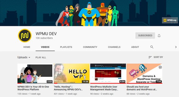 WPMU DEV's YouTube Channel Screenshot