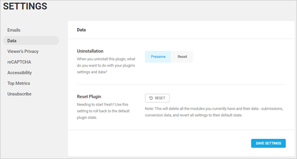 Hustle plugin settings - data screen