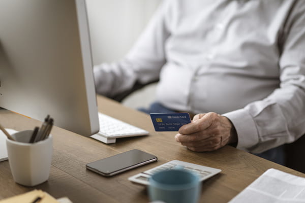 Image of man with credit card making an online purchase.