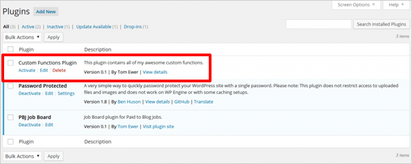 WordPress plugins table