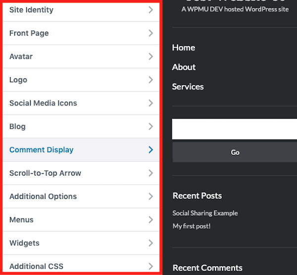 A look at this theme's menu and customization options