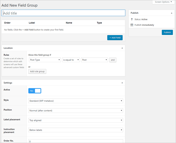 Advanced Custom Fields WordPress plugin - Add New Field screen.
