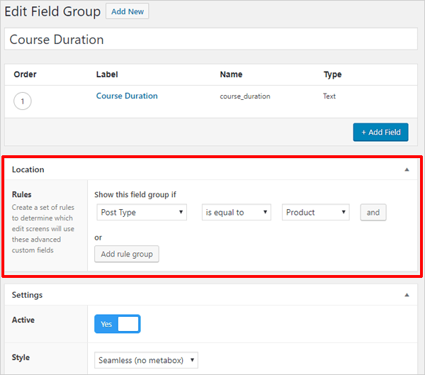 Advanced Custom Fields - Edit Field Location.