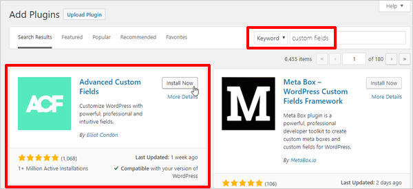 Advanced Custom Fields WordPress plugin - Add plugins screen.