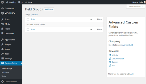 Advanced Custom Fields WordPress plugin screen.
