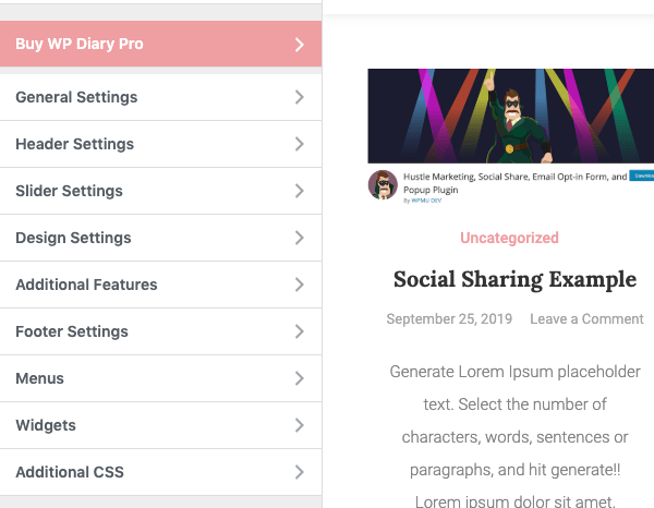 A look at the menu settings of WP Diary