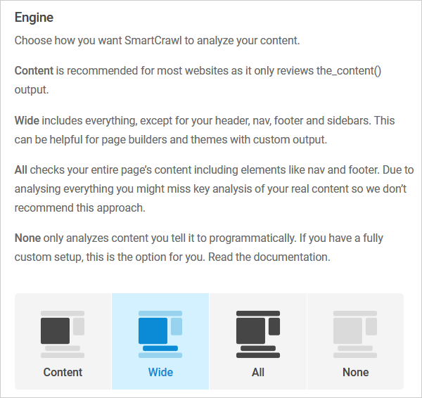 SmartCrawl SEO engine analysis options.