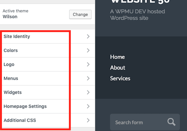 A look at the Wilson theme's menu