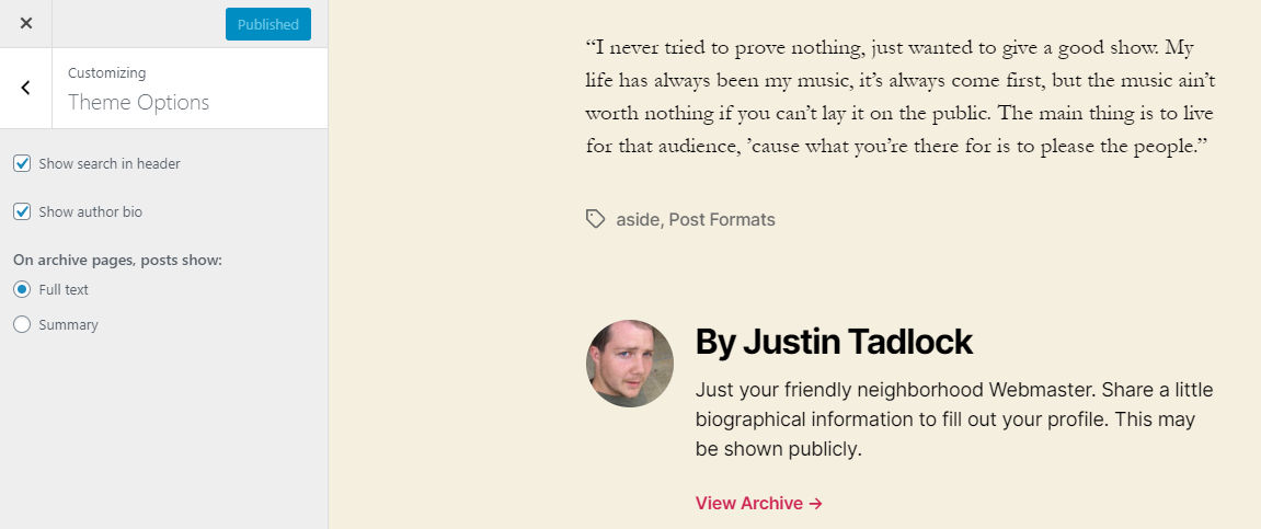 Screenshot of the author bio option in the Twenty Twenty theme.