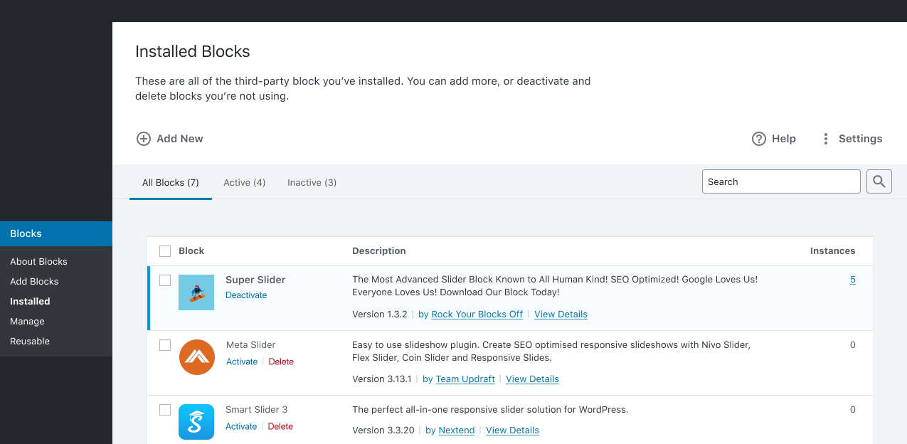Screenshot of the Installed Blocks screen prototype for WordPress.