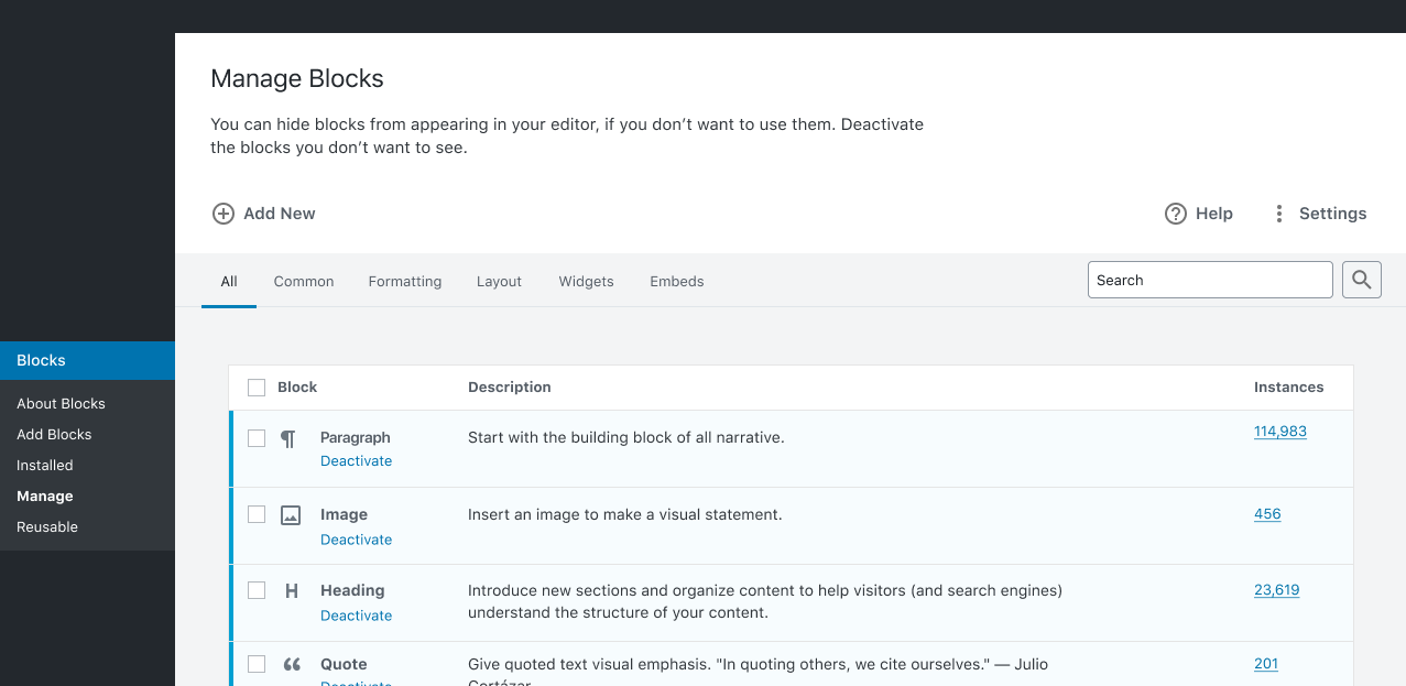 Screenshot of the Manage Blocks screen prototype for WordPress.