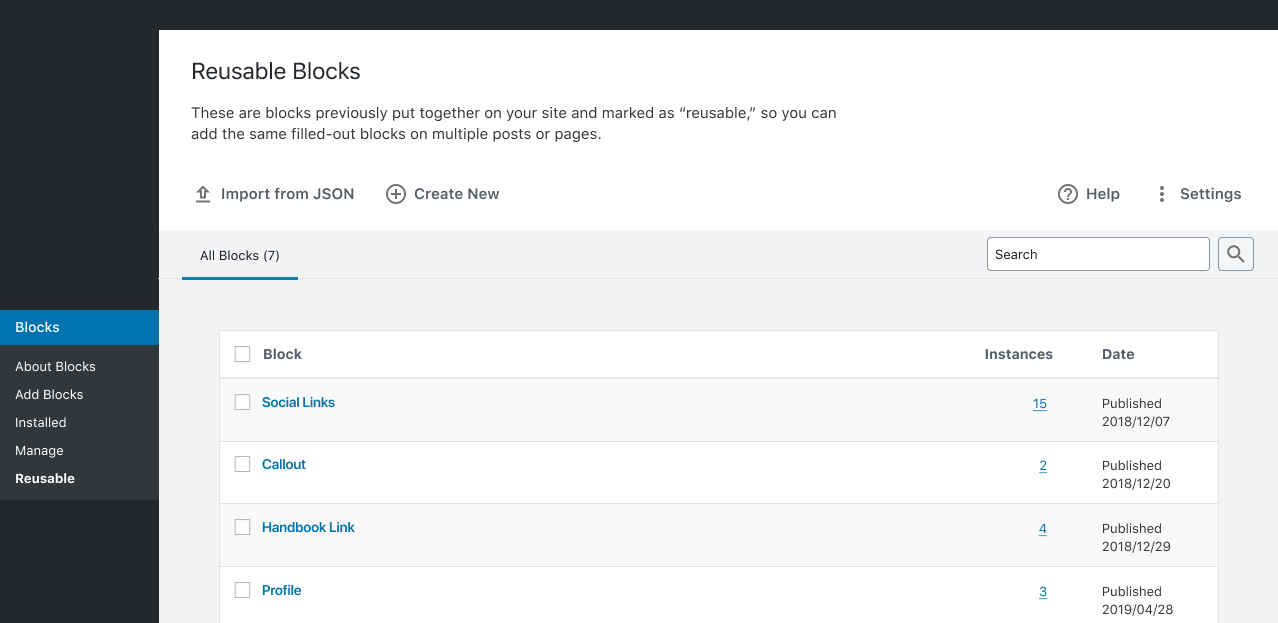 Screenshot of the Reusable Blocks screen prototype for WordPress.