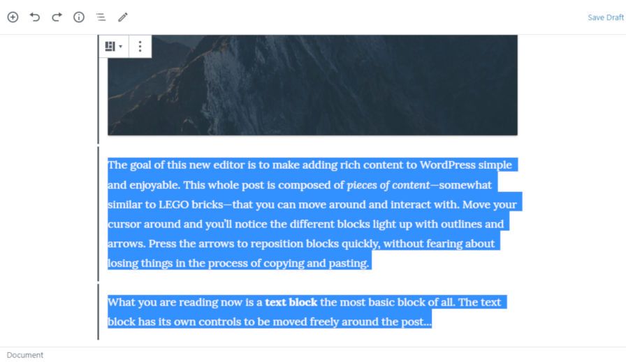 Screenshot of selecting multiple blocks in the Gutenberg block editor.