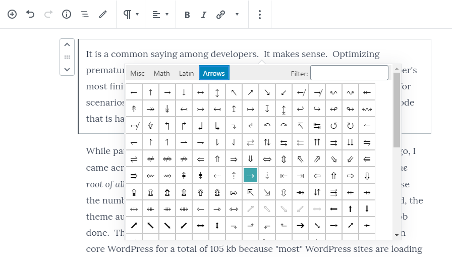 Screenshot of the special characters insertion modal.