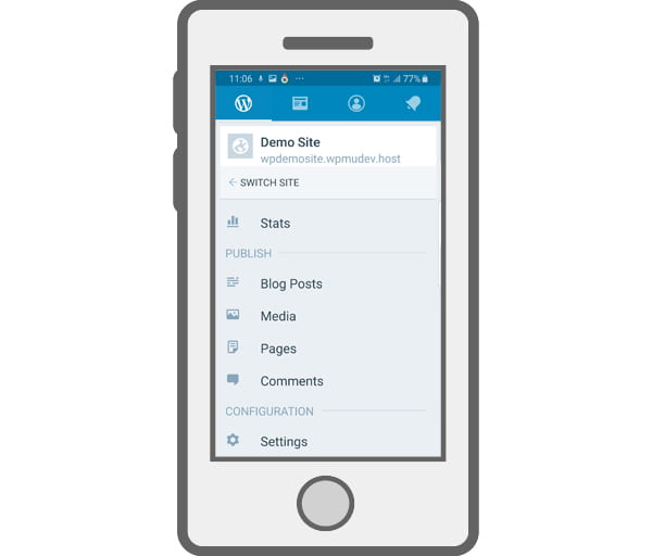 WordPress Mobile App menu.