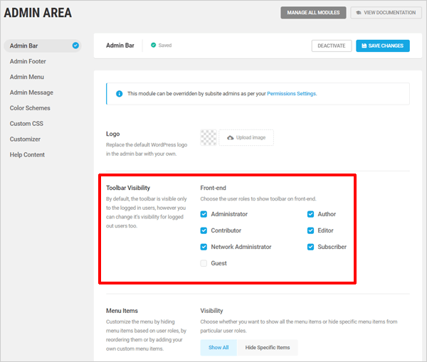 Branda Admin Bar Toolbar Visibility settings screen.