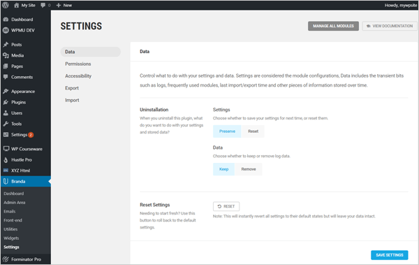 Branda settings screen.