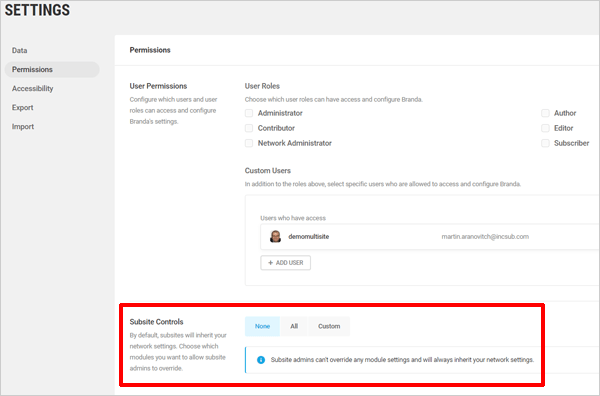 Branda permission settings screen
