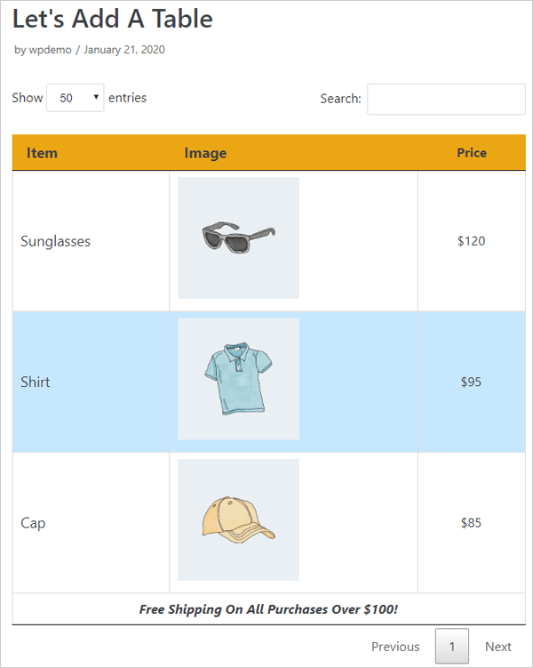 Data Tables Generator demo table.