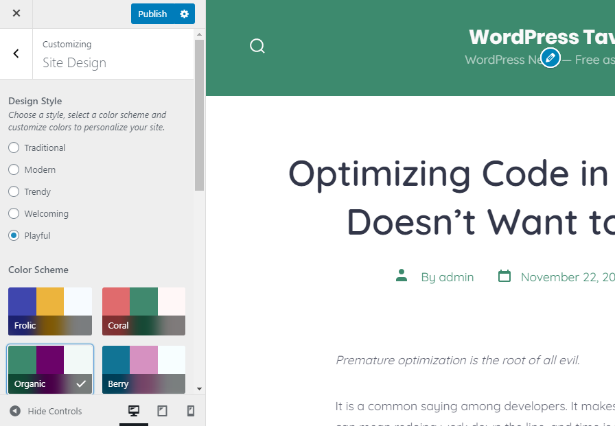 Screenshot of the Go theme's customizer options.