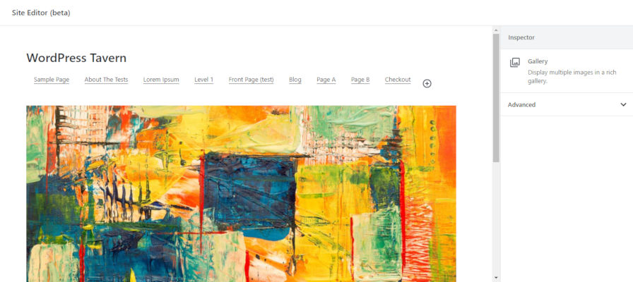 Screenshot of the Site Editor (beta) screen in the Gutenberg plugin.