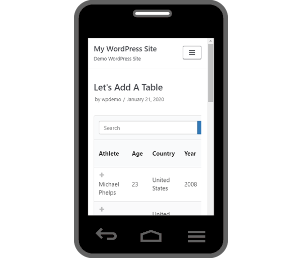 Mockup of table created using NinjaTables when viewed through a mobile device.