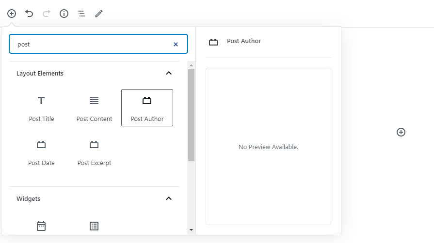 Screenshot of the Gutenberg block inserter, showing the dynamic post element blocks.