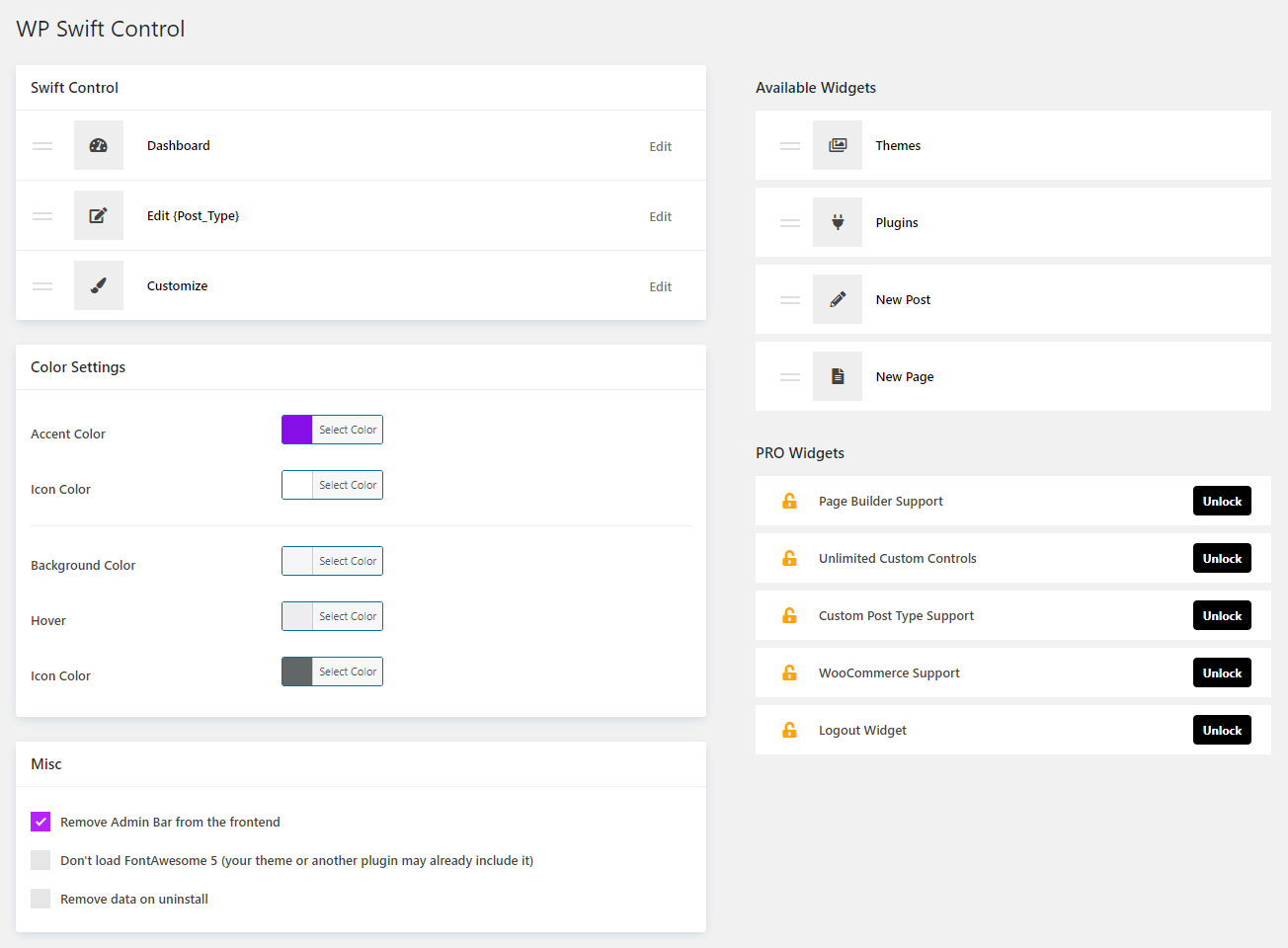 Screenshot of the Swift Control plugin's settings screen.