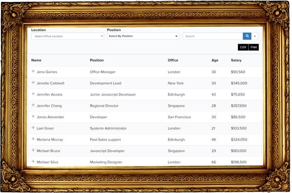 Composite image - data table in gold art frame.