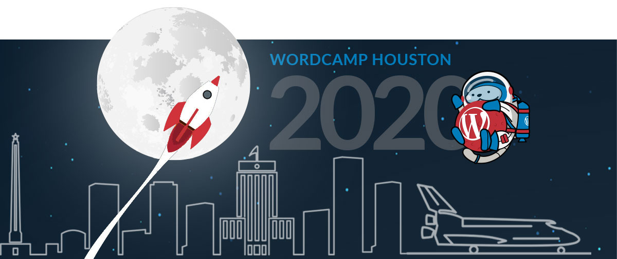 Decorative image representing WordCamp Houston with a rocket flying in front of the moon with a city in the background.