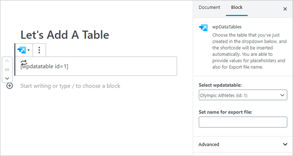 wpDataTables Gutenberg block.