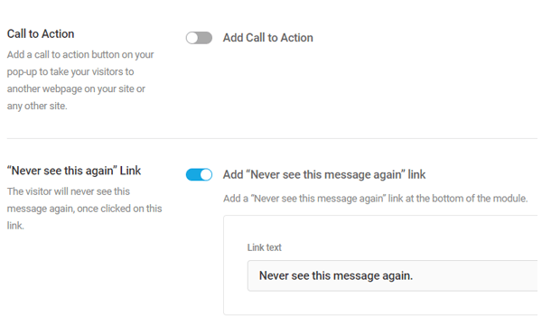 Adding a call to action or a never see this again link