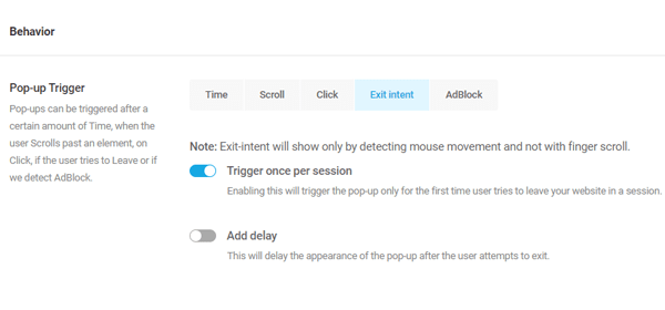 Demonstrating the triggers you can choose for your pop-up