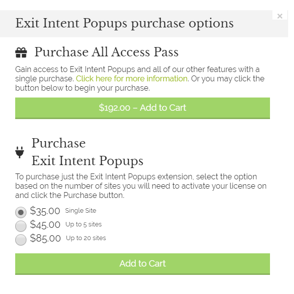 Showing the options to pay for extra features.