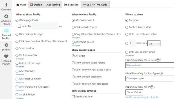Showing popup's first menu