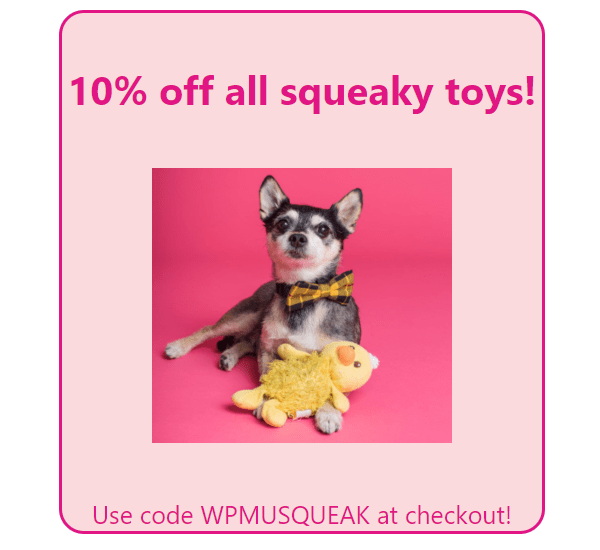 Pop-up showing 10% off all squeaky toys