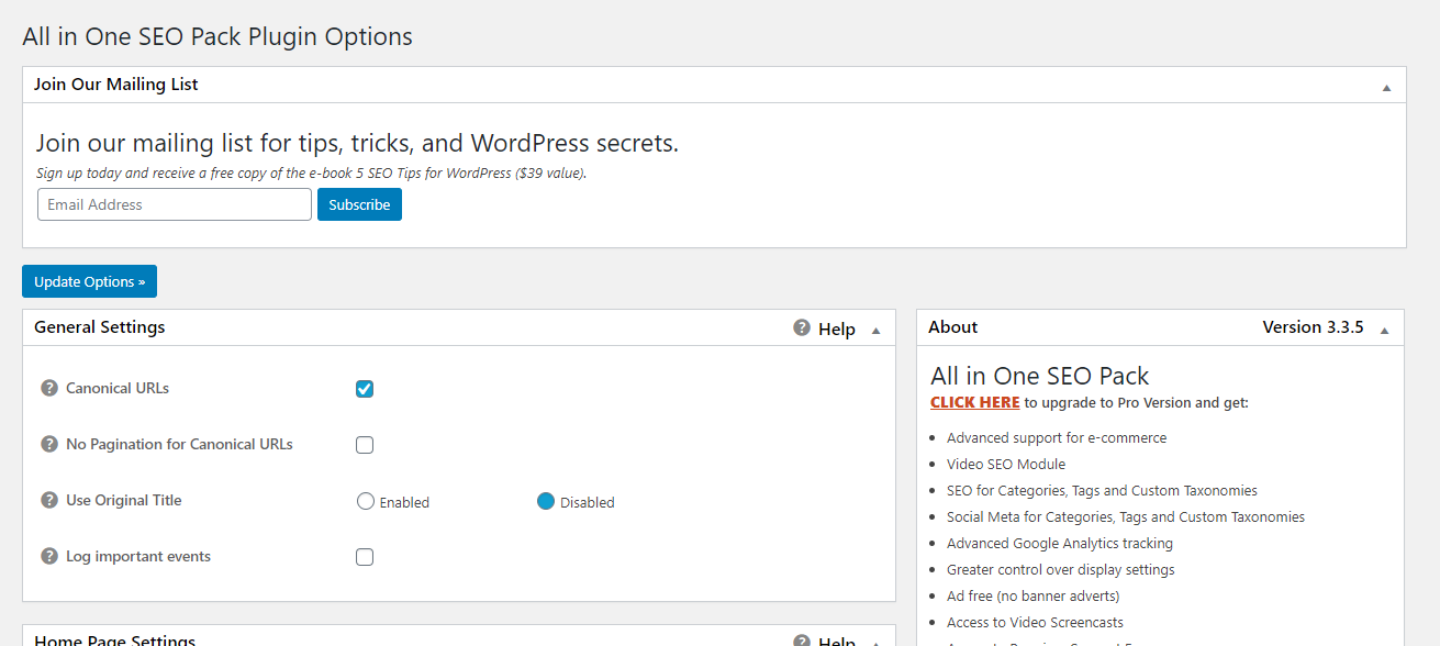Screenshot of the main settings screen for the All in One SEO plugin.