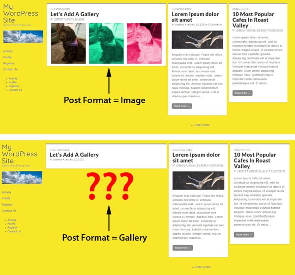 Screenshot of blog page displaying posts with different post formats.