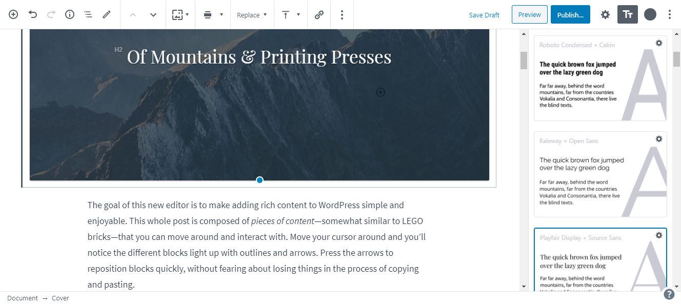 Screenshot of the post/page-level typography options in the block editor for the EditorsKit typography add-on.