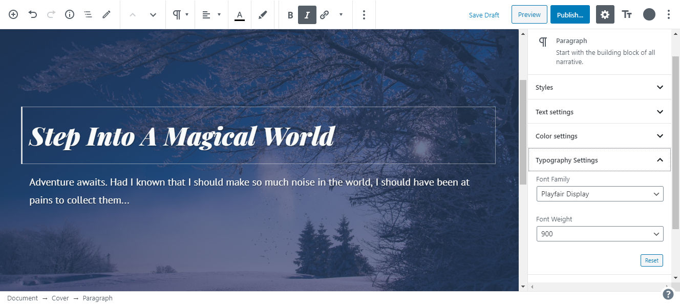 Screenshot of the per-block typography settings for the EditorsKit typography add-on.